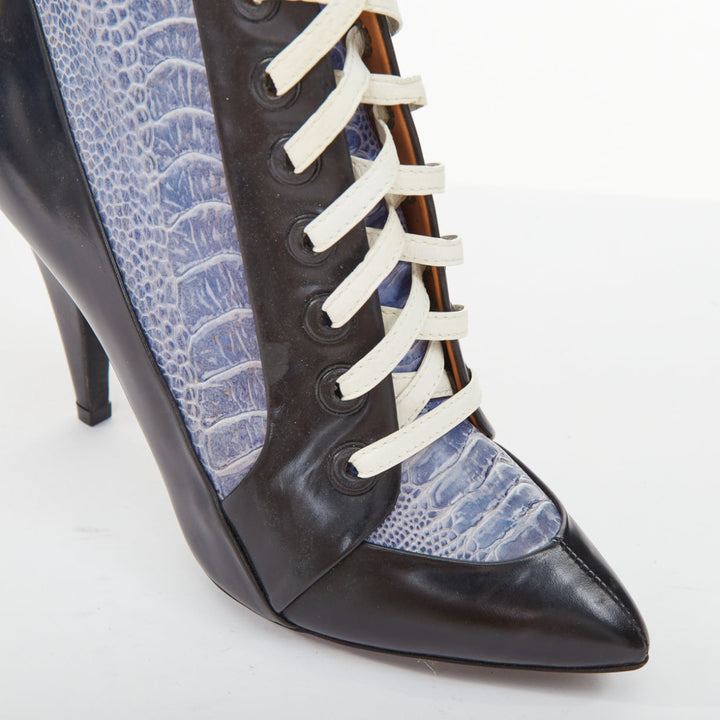BALENCIAGA 2012 Runway blue emboss black leather lace up high heel booties EU36