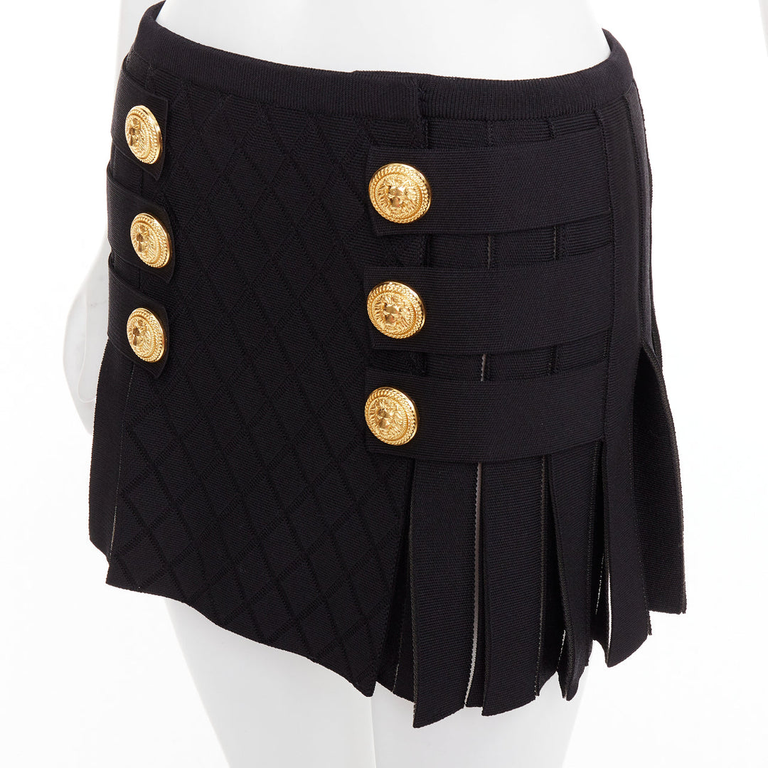 BALMAIN black gold lion buttons diamond grid knit pleated mini skirt FR34 XS
