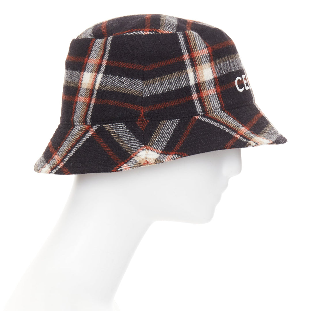 CELINE 2021 Runway Plaid Woven Bucket Hat black red wool logo cap M