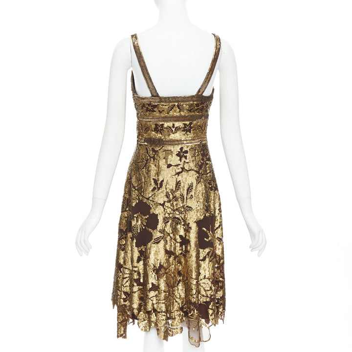 WUNDERKIND bronze gold brown 100% silk floral sequin handkerchief dress US2 S