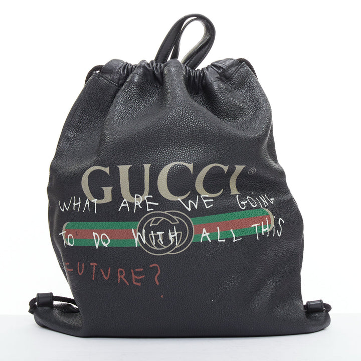 GUCCI 2017 Coco Capitan black leather graffiti drawstring backpack tote bag