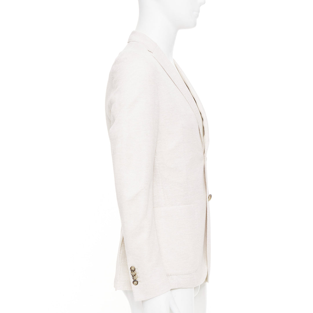 EQUIL beige flax cotton blend slub notch lapel patch pocket blazer jacket EU46 S