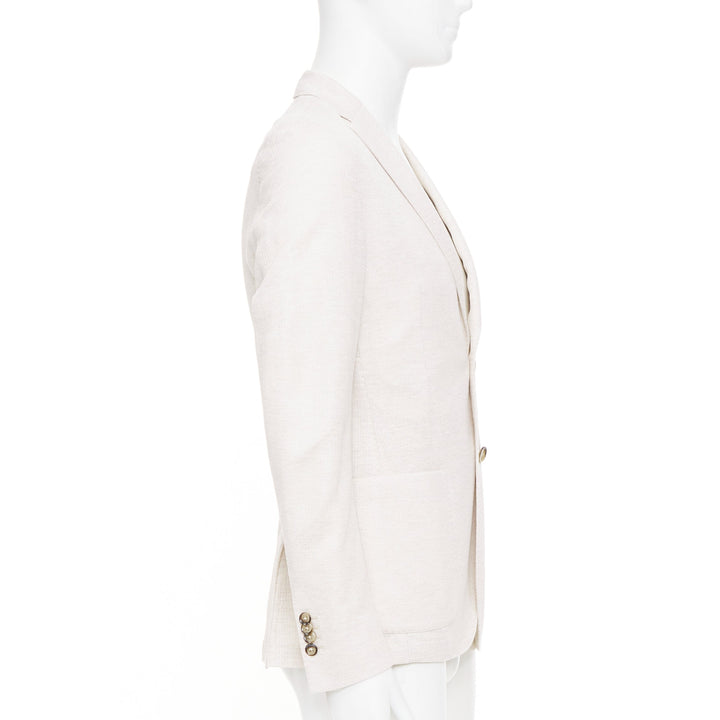 EQUIL beige flax cotton blend slub notch lapel patch pocket blazer jacket EU46 S