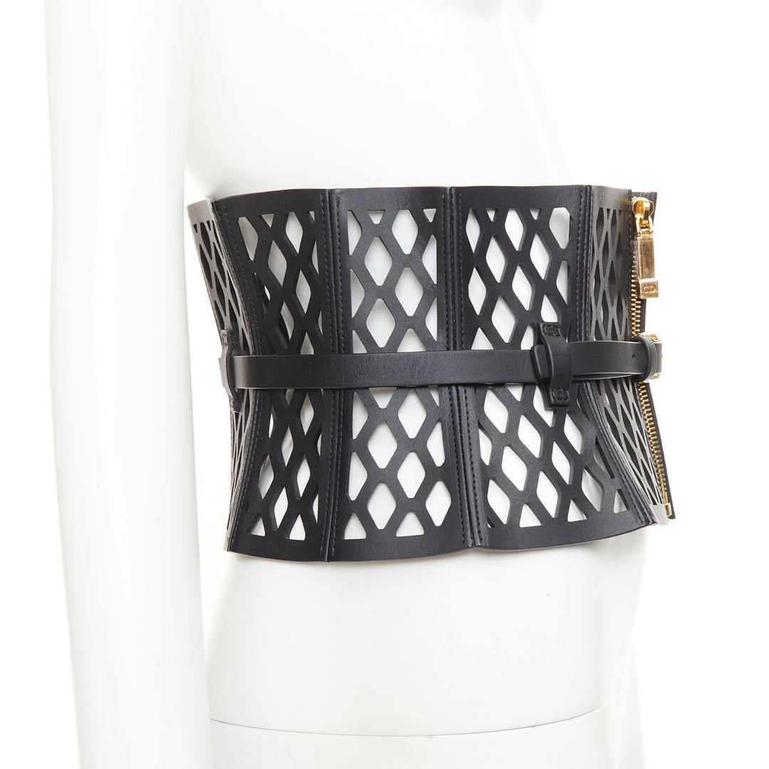 CHRISTIAN DIOR 2020 Runway D-Trap black laser cut fishnet leather corset belt M