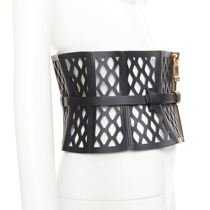 CHRISTIAN DIOR 2020 Runway D-Trap black laser cut fishnet leather corset belt M