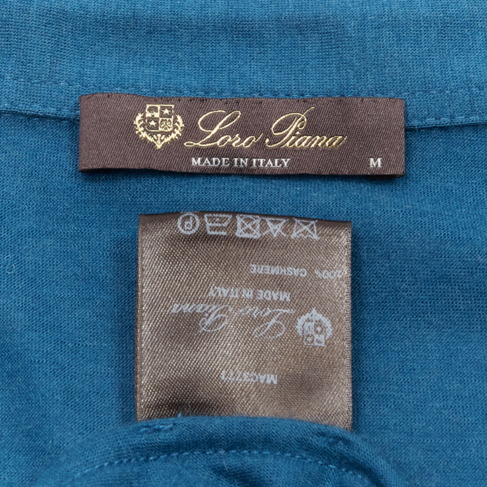 LORO PIANA teal blue 100% cashmere stitch button detail long sleeve polo shirt M