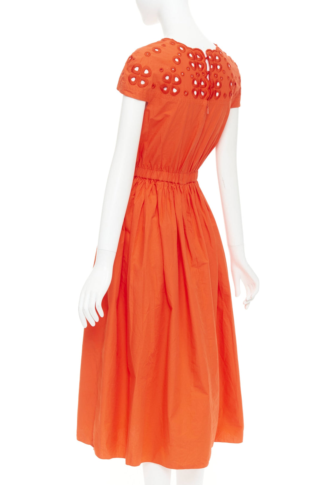 FENDI orange poplin embroidered eyelets ruched cap sleeve sundress