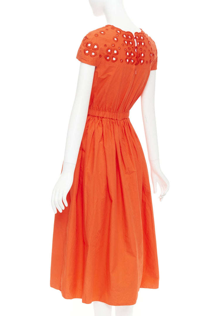 FENDI orange poplin embroidered eyelets ruched cap sleeve sundress