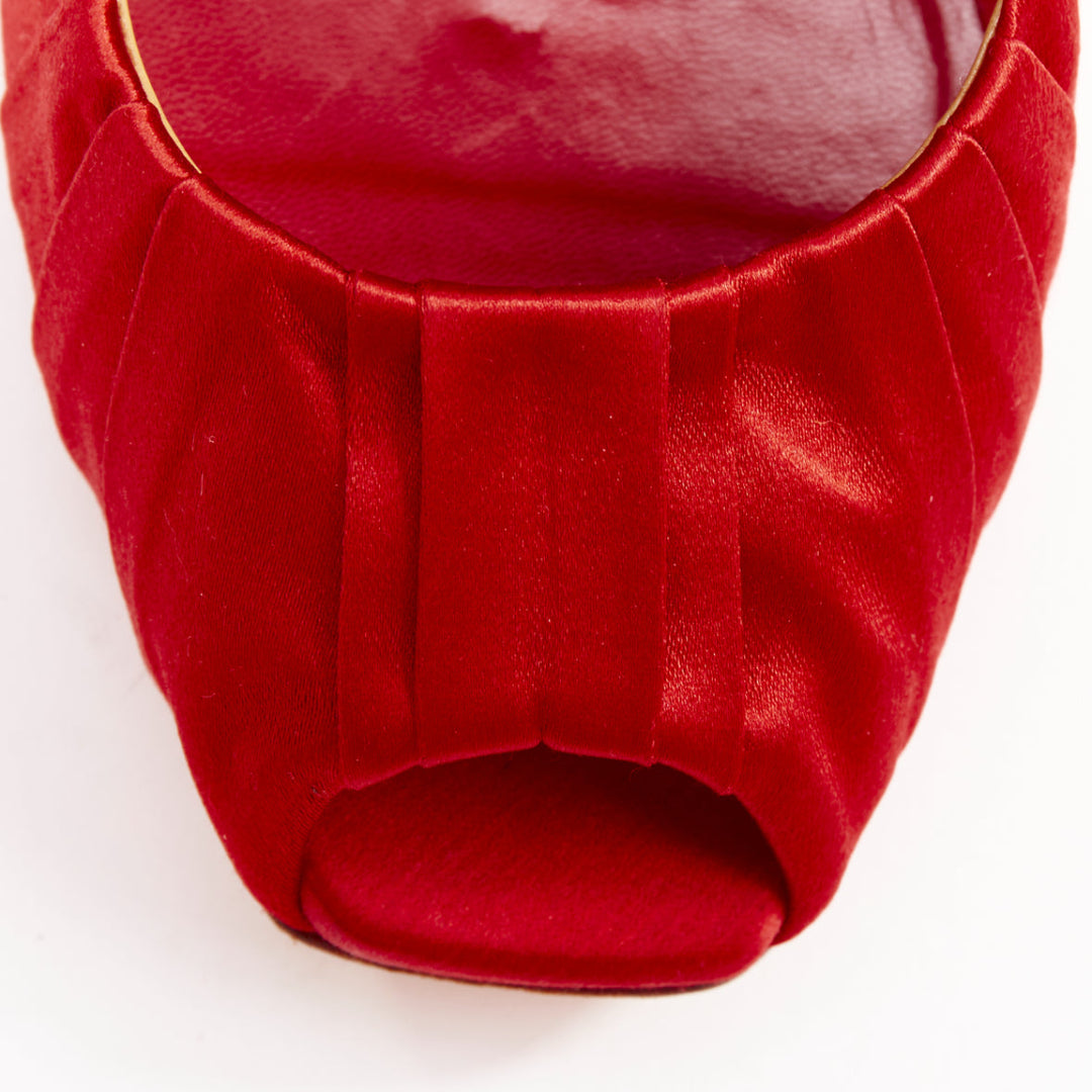 VALENTINO red pleated satin ribbon bow peep toe stiletto pumps EU37