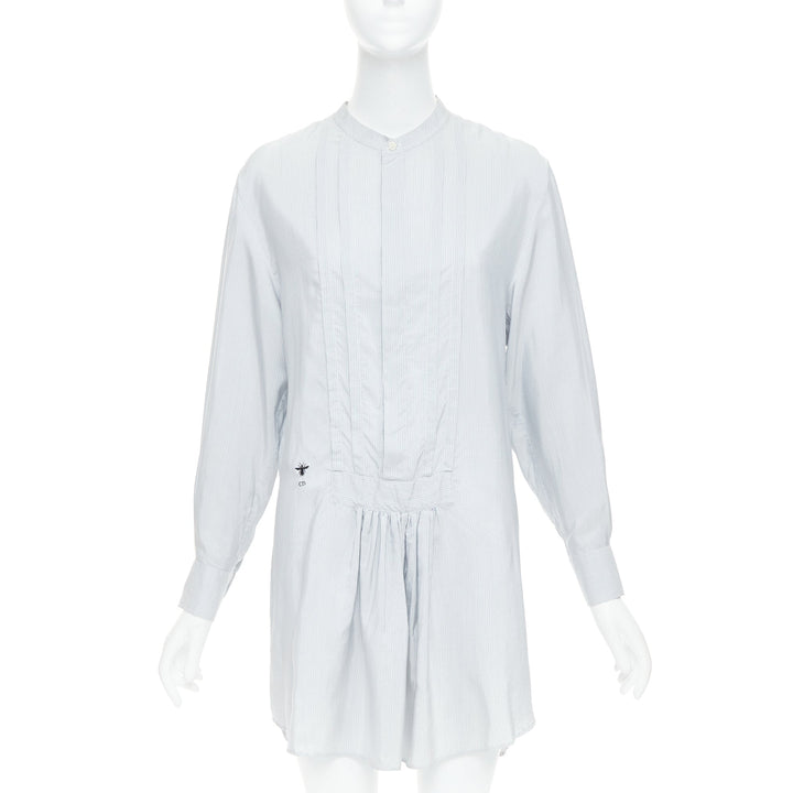 CHRISTIAN DIOR blue 100% silk CD bee embroidery button down shirt dress FR36 S
