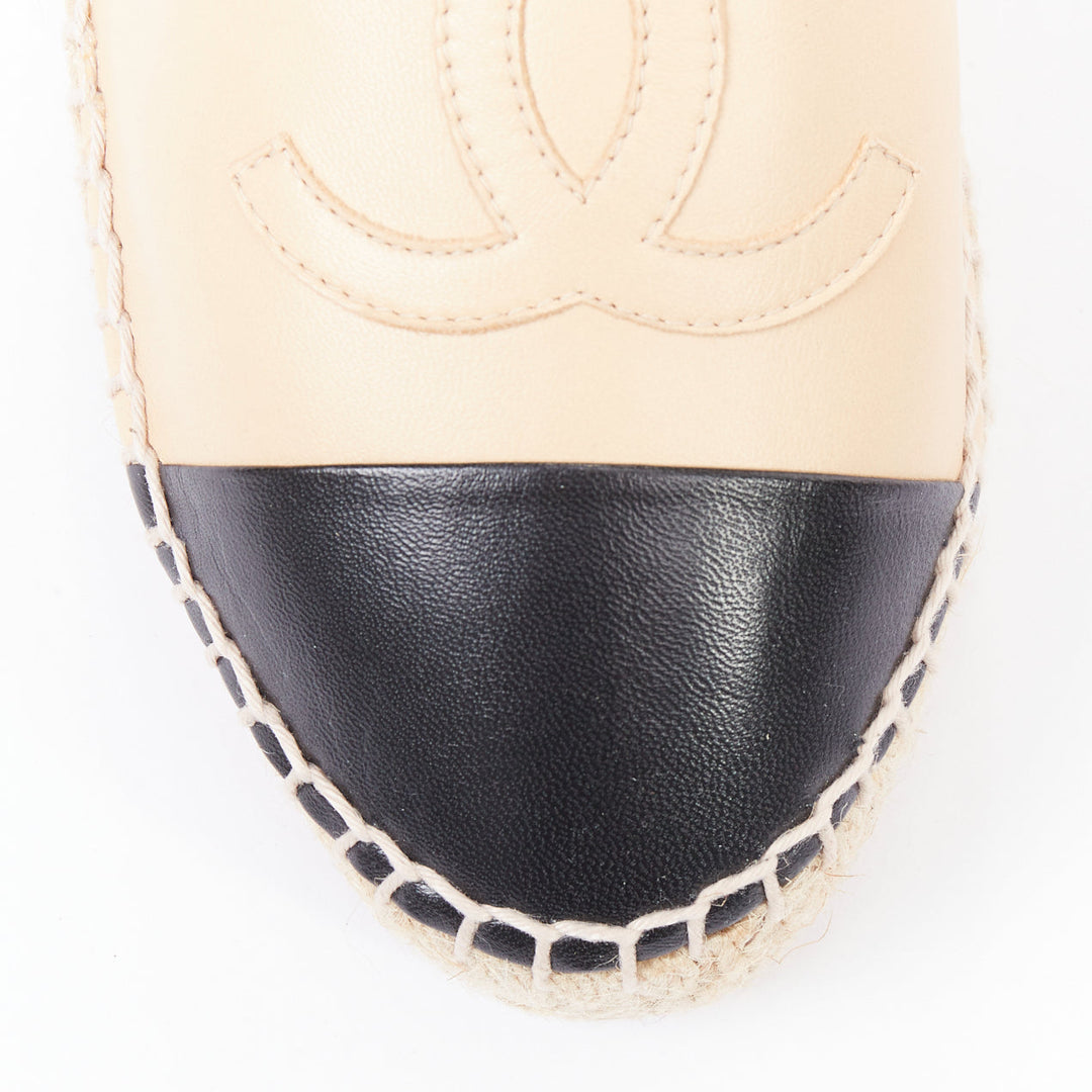 CHANEL nude lamb leather CC logo black toe cap espadrille shoes EU37