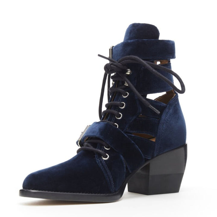 CHLOE Rylee blue velvet buckle strap lace up cut out ankle boots EU37