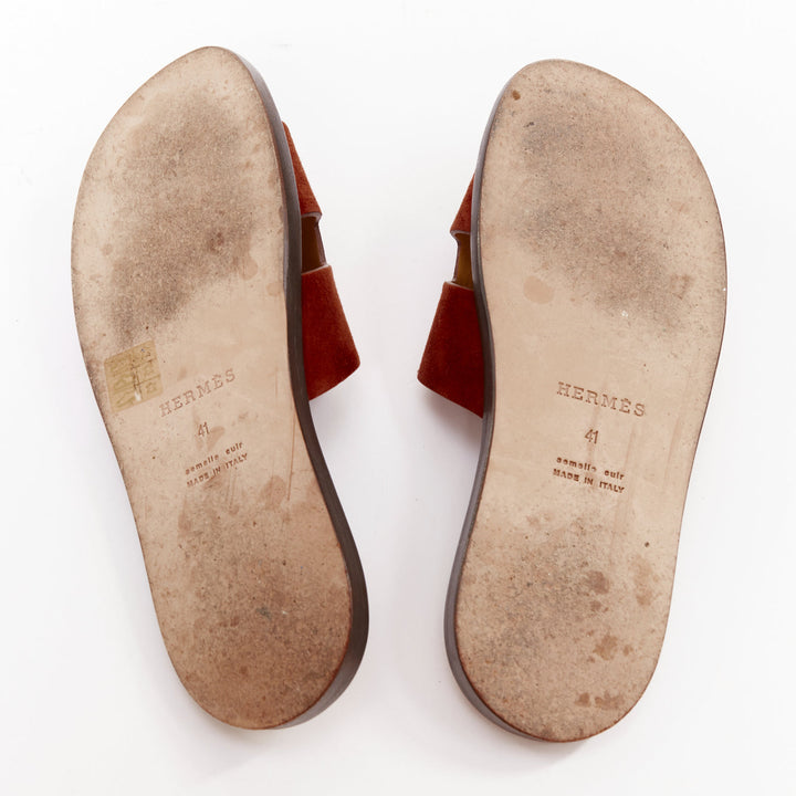 HERMES Izmir brown suede goatskin leather H cut out flat sandals EU41