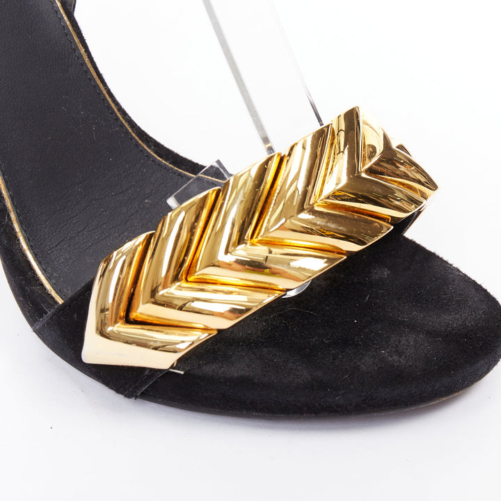 LOUIS VUITTON V Symphony black suede gold hardware high heel sandals EU38