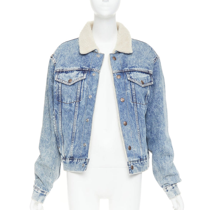 CELINE 2021 Hedi Slimane bleached denim cream shearling lined trucker jacket XS