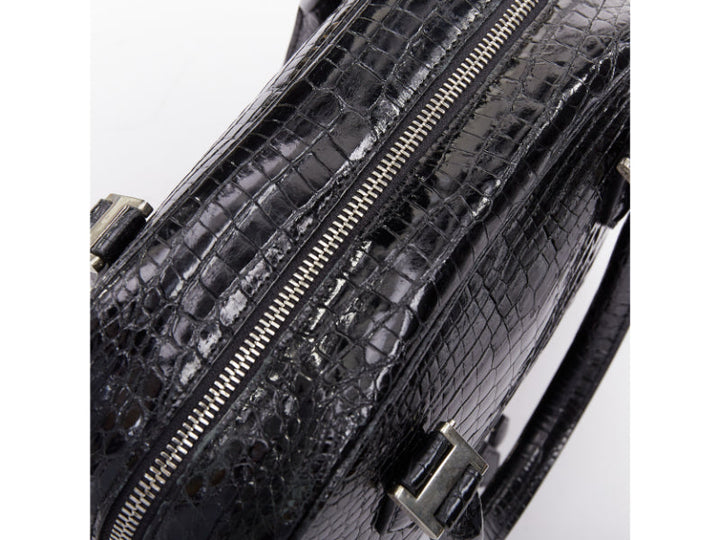KWANPEN black high shine glossy scaled leather silver hardware zip top handbag