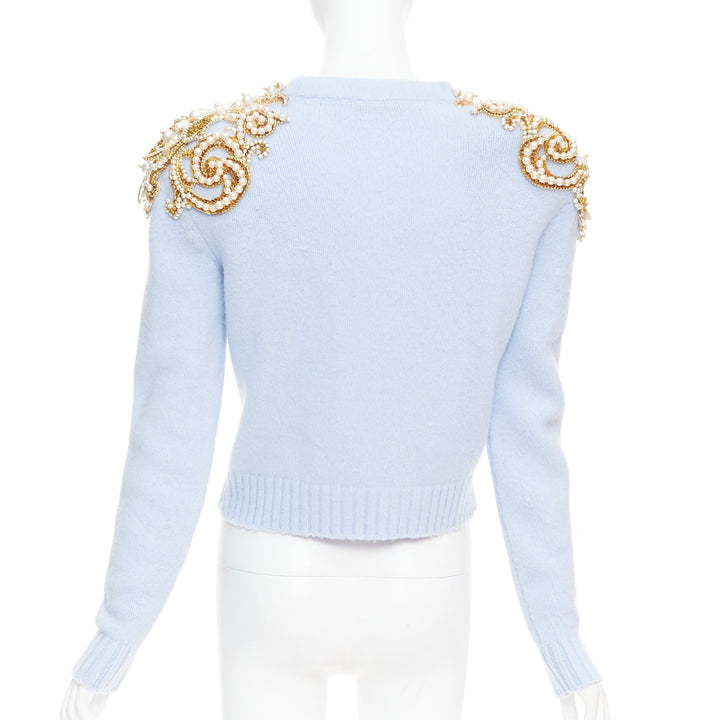 BALMAIN powder blue wool cashmere gold pearl embellished sweater FR36 S