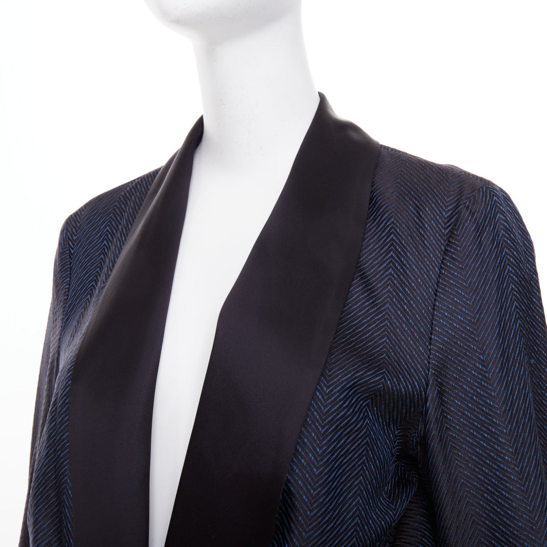 LA PERLA navy blue textured chevron jacquard silk shawl lapel smoking jacket