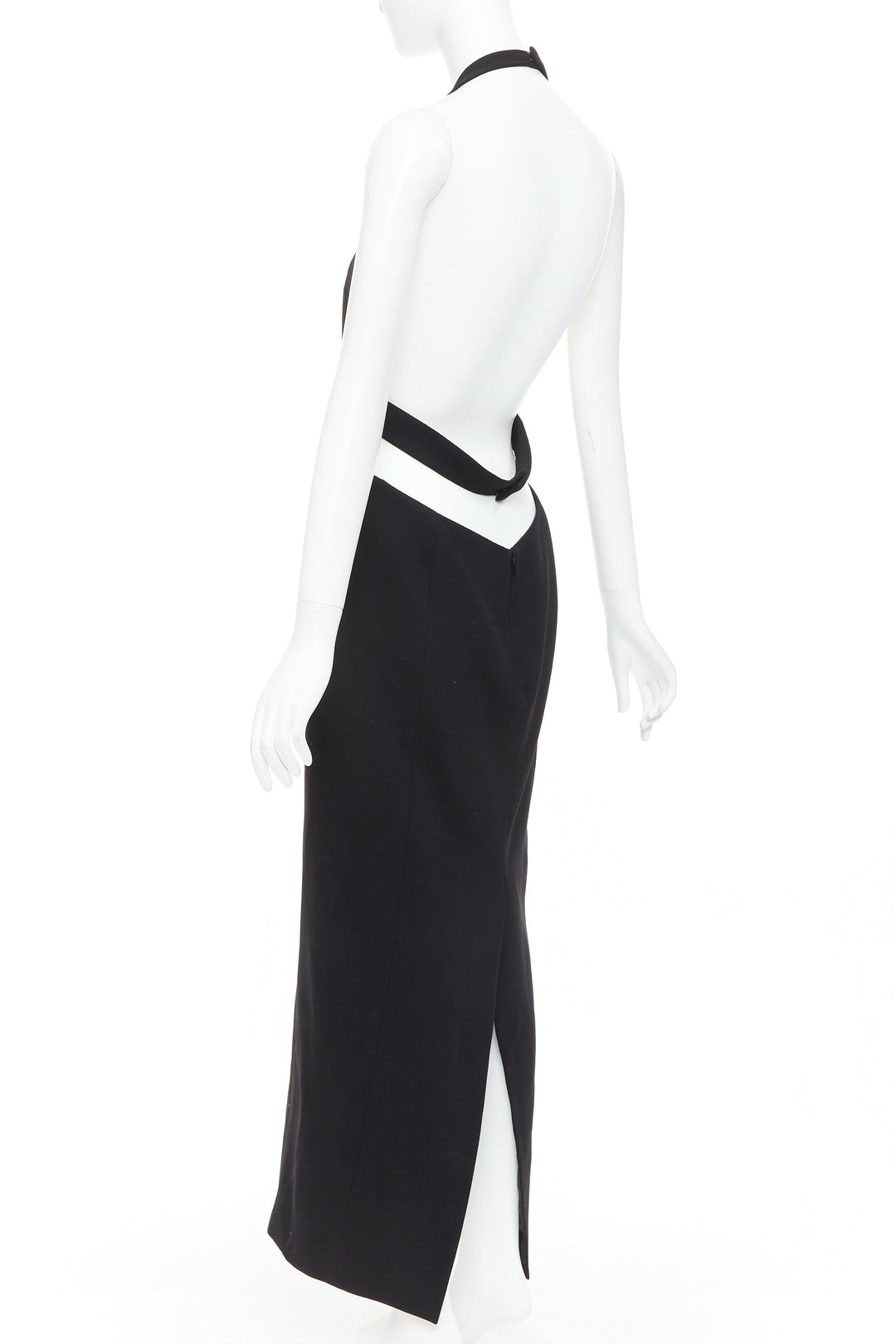 SAINT LAURENT 2022 Runway black plunge neck crystal low back wool dress FR40 L