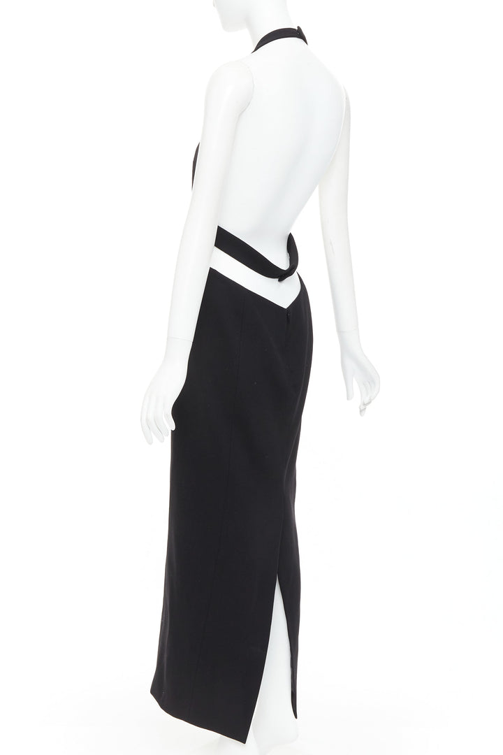 SAINT LAURENT 2022 Runway black plunge neck crystal low back wool dress FR40 L