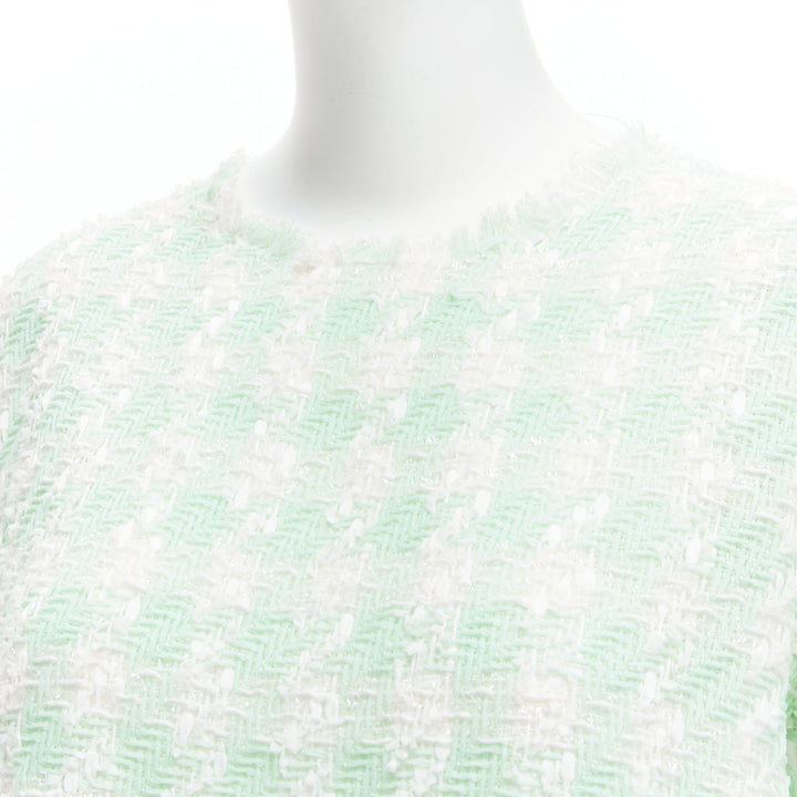 BALMAIN pastel green white lurex tweed half wide boxy cropped top FR34 XS
