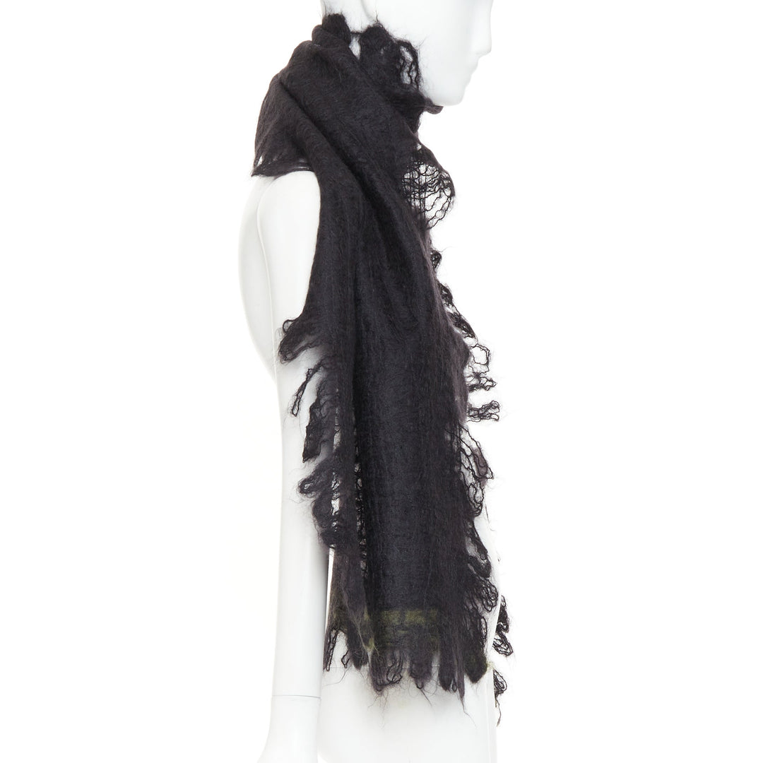 ROHKA black green distressed abstract weave cut out lattice knit wrap scarf