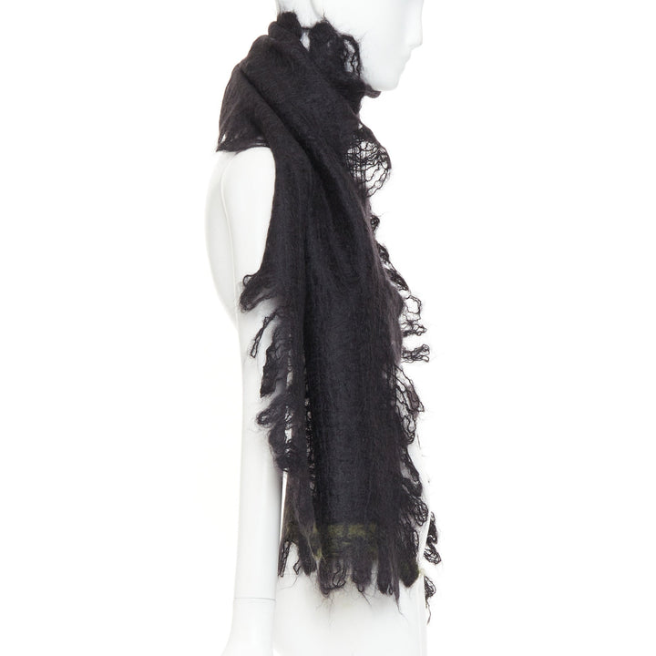 ROHKA black green distressed abstract weave cut out lattice knit wrap scarf