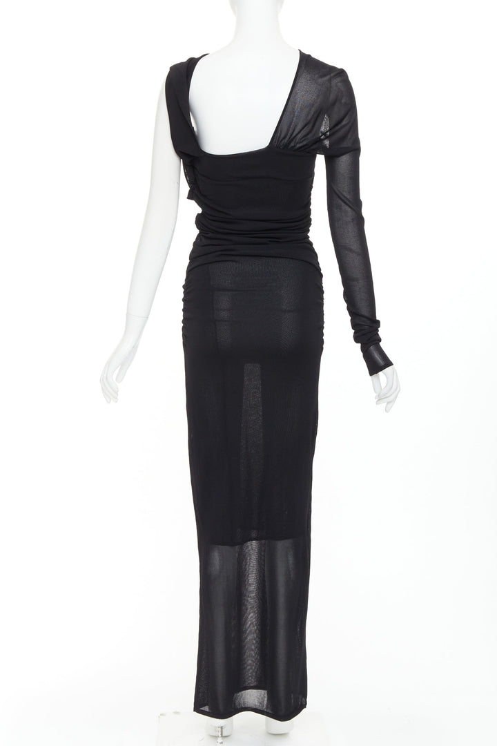 SAINT LAURENT 2023 black viscose ruched one shoulder semi sheer dress XS