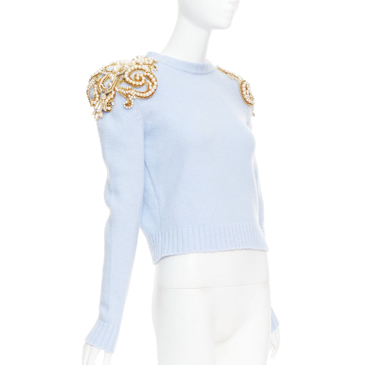 BALMAIN powder blue wool cashmere gold pearl embellished sweater FR36 S