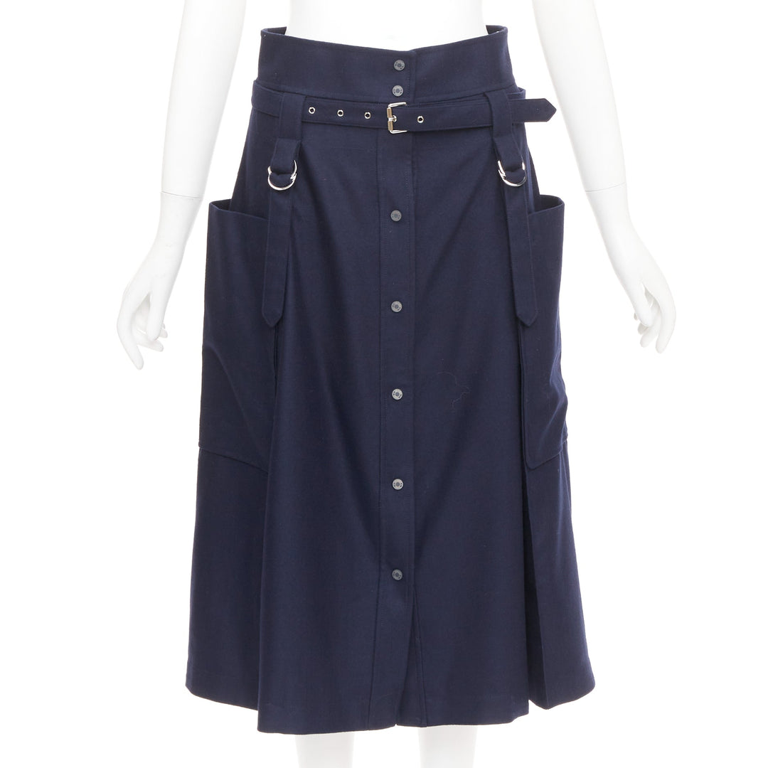 HERMES navy flanelle de laine legere buckle belt button front midi skirt FR36 S