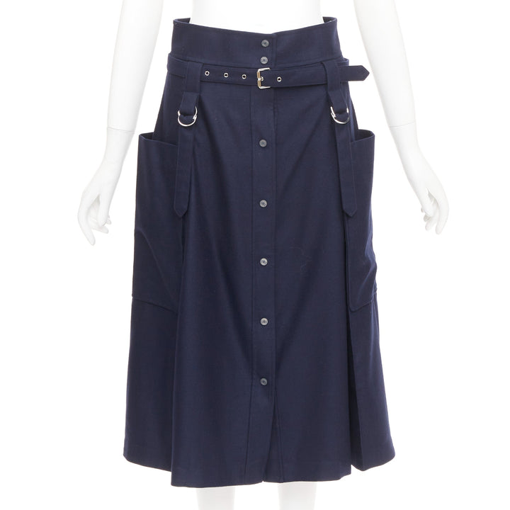 HERMES navy flanelle de laine legere buckle belt button front midi skirt FR36 S