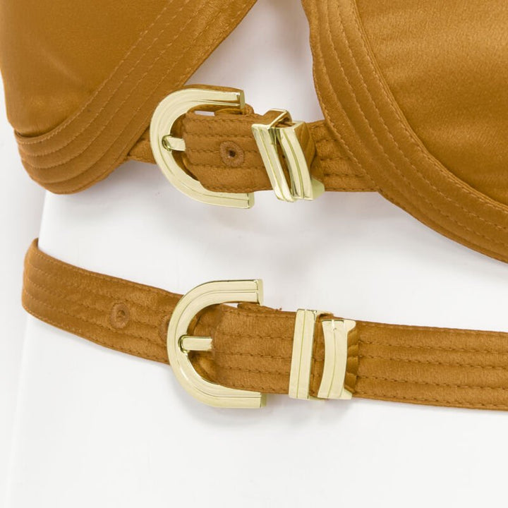 VERSACE 2019 Runway S&M Bondage Tribute brown silk gold buckle bra IT38 XS