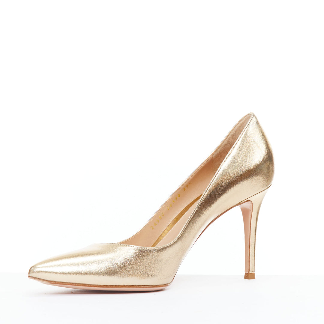 GIANVITO ROSSI metallic gold leather pointy pump heels EU39.5