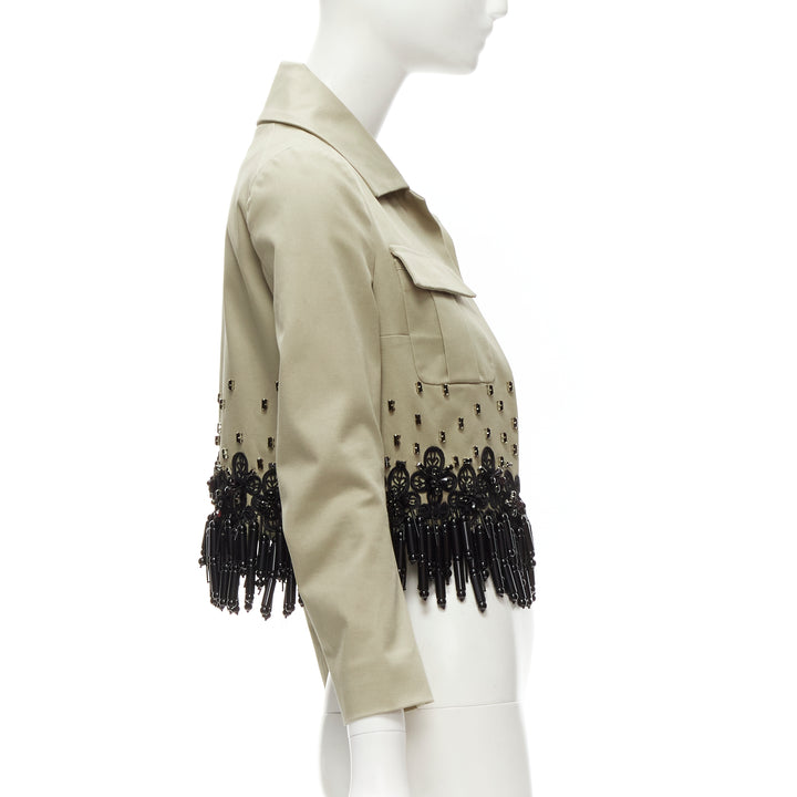 DSQUARED2 2015 black bead tassels khaki military cargo cropped jacket IT38 XS