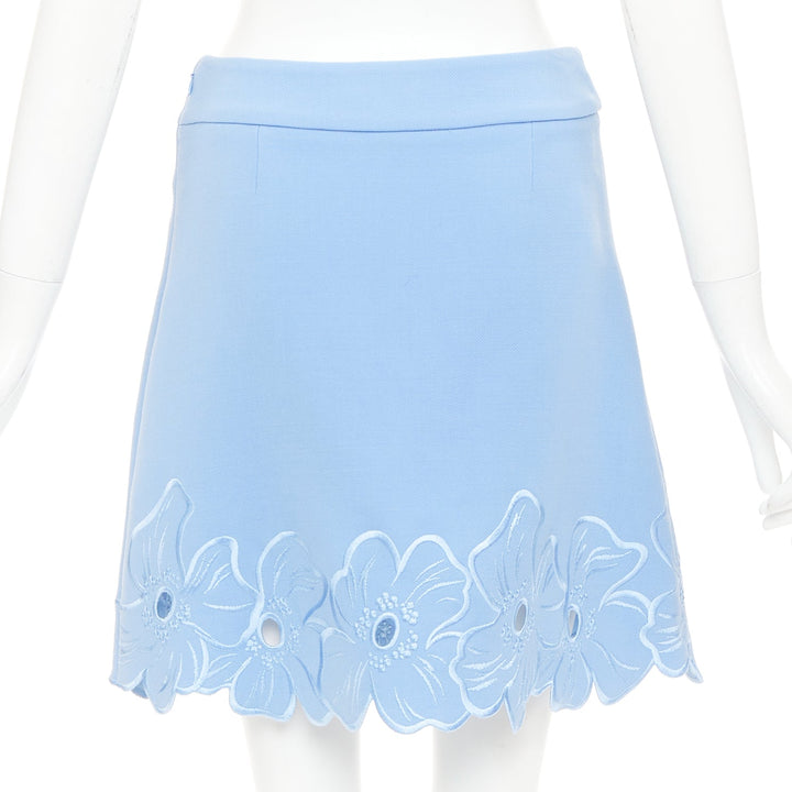 CHRISTIAN DIOR powder blue wool crepe floral cutout embroidered hem skirt FR38 M