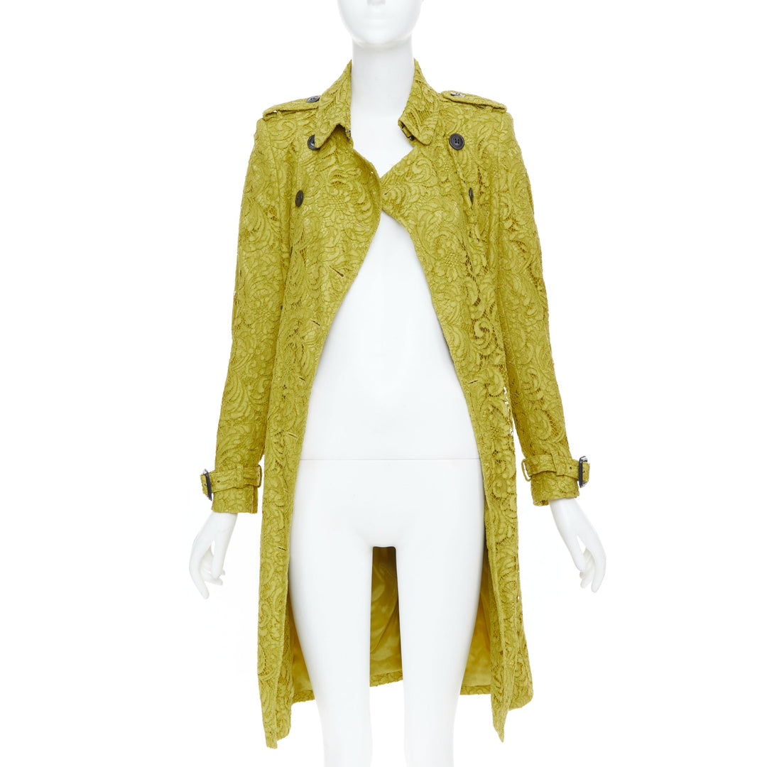 BURBERRY 2013 chartreuse mustard lime macrame lace double breasted trench UK6 XS