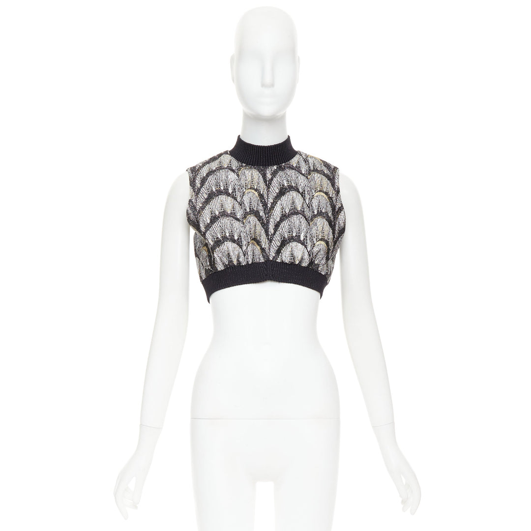 LOUIS VUITTON 2024 Jacquard Crop silver black metallic arch embroidered top FR38