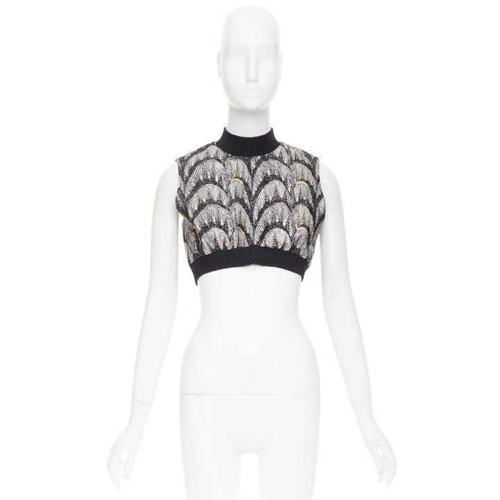 LOUIS VUITTON 2024 Jacquard Crop silver black metallic arch embroidered top FR38