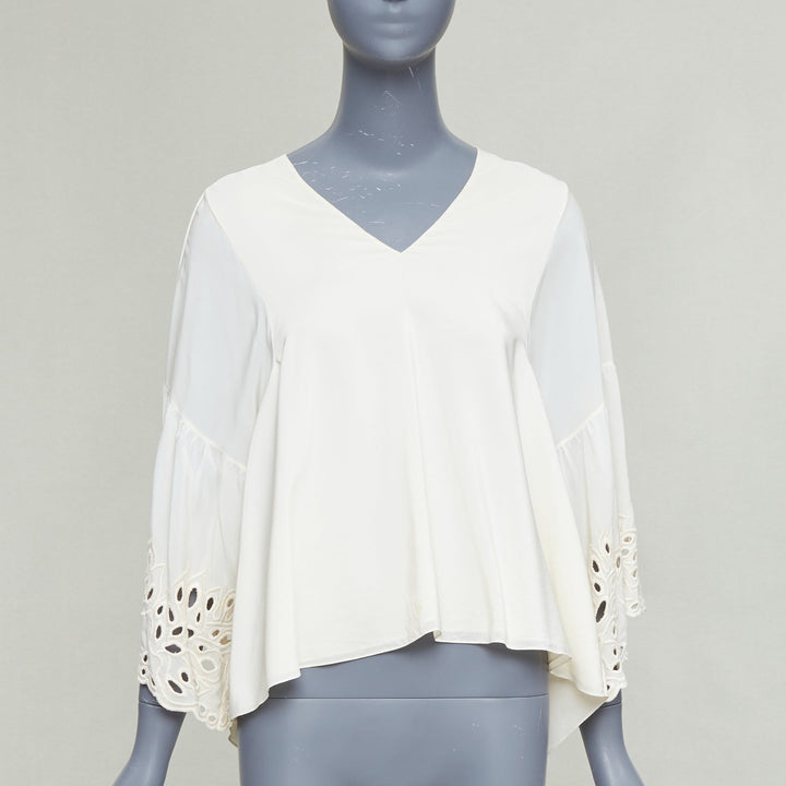 CHLOE milk cream 100% silk cotton lace eyelet trim peasant blouse FR34 XS