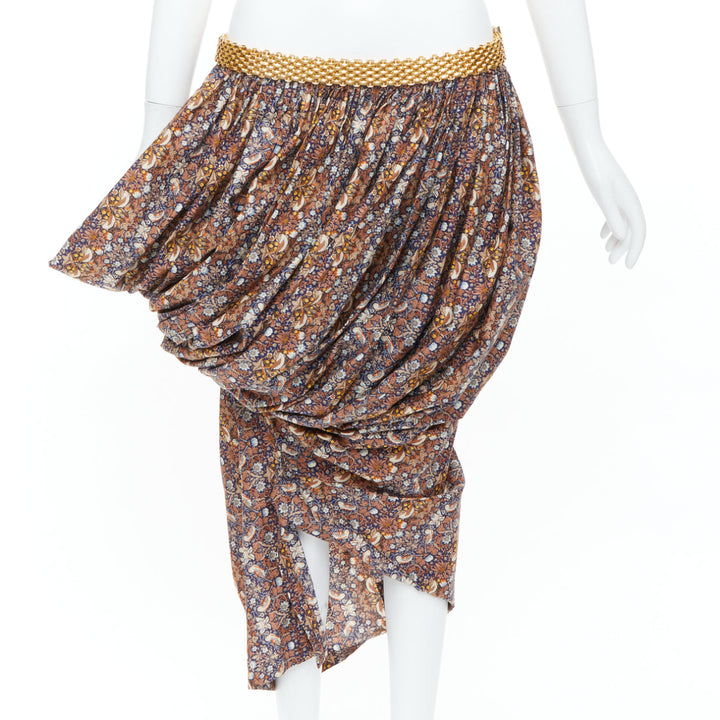JUNYA WATANABE 2008 Runway brown navy floral gold chain draped skirt M