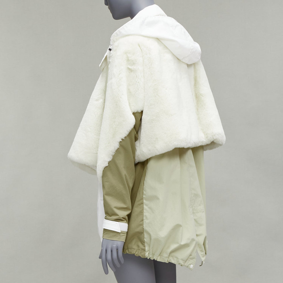 TOGA PULLA white nylon cream faux fur layered deconstructed parka jacket FR36 S