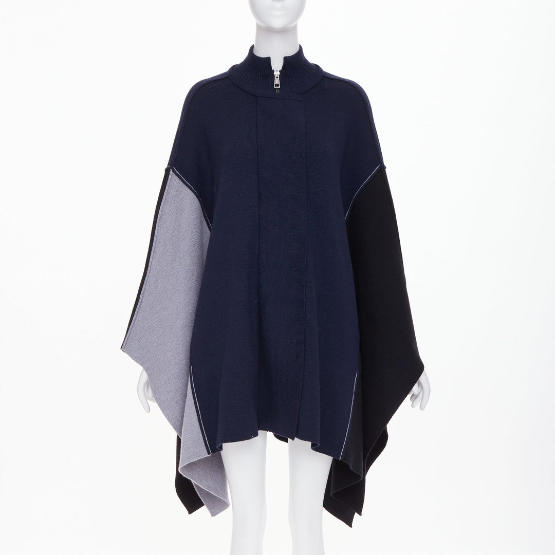 CHLOE 2019 navy black grey colorblock visible stitch zip up knit wool poncho M