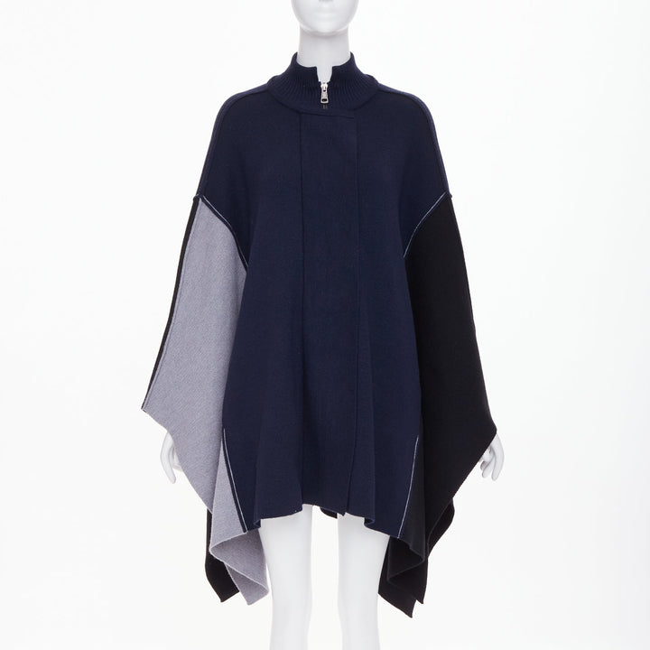 CHLOE 2019 navy black grey colorblock visible stitch zip up knit wool poncho M