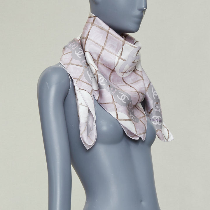 CHANEL 100% silk pink grey CC logo camellia flowers checkered pearl scarf 85cm