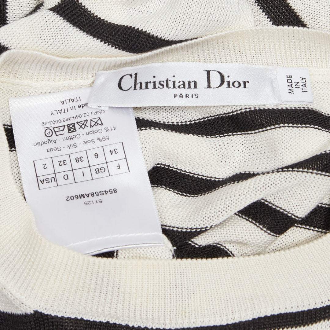 CHRISTIAN DIOR Jadior 8 black cream silk cotton long sleeve crew sweater FR34 XS