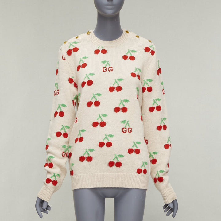 GUCCI 2023 beige red GG logo Cherries crew long sleeves sweater XS