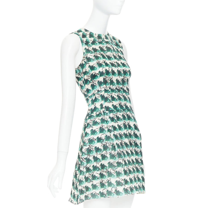 TANYA TAYLOR green cream silk abstract print sleeveless A-line dress US0 XS