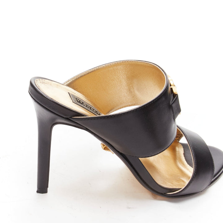 VERSACE Tribute gold Medusa buckle black double strap heel mule sandals EU37