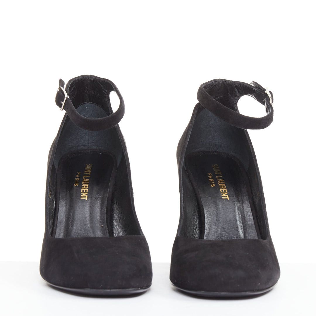 SAINT LAURENT black suede leather buckle maryjane block heel pump EU37.5
