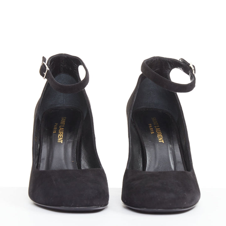 SAINT LAURENT black suede leather buckle maryjane block heel pump EU37.5